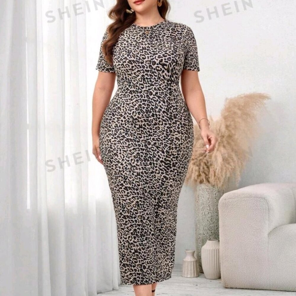 Clasi Plus Size Women's Leopard Print Bodycon Midi Dress - Picture 5 of 8
